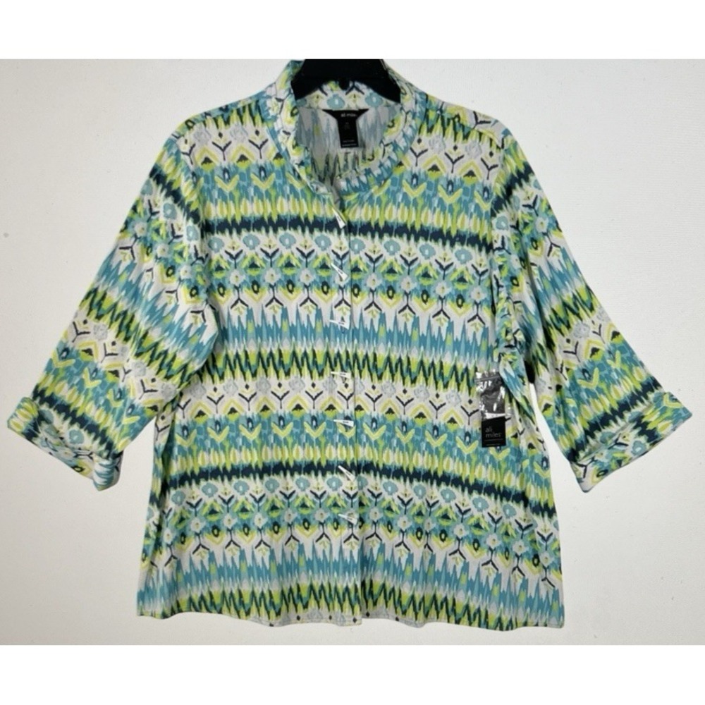 Ali Miles Ikat Tunic Plus Size 2X Floral Linen‎ Toggle Button Up 3/4 Sleeve B21